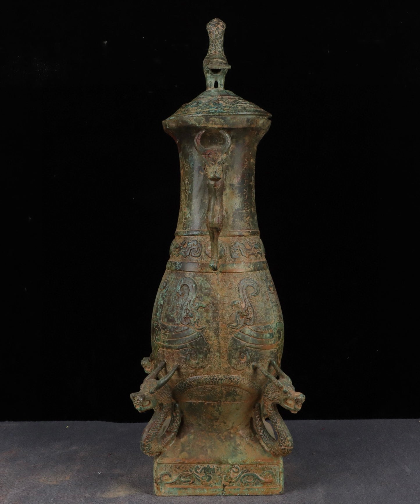 Chinese antique bronze six dragon standing bird teapot