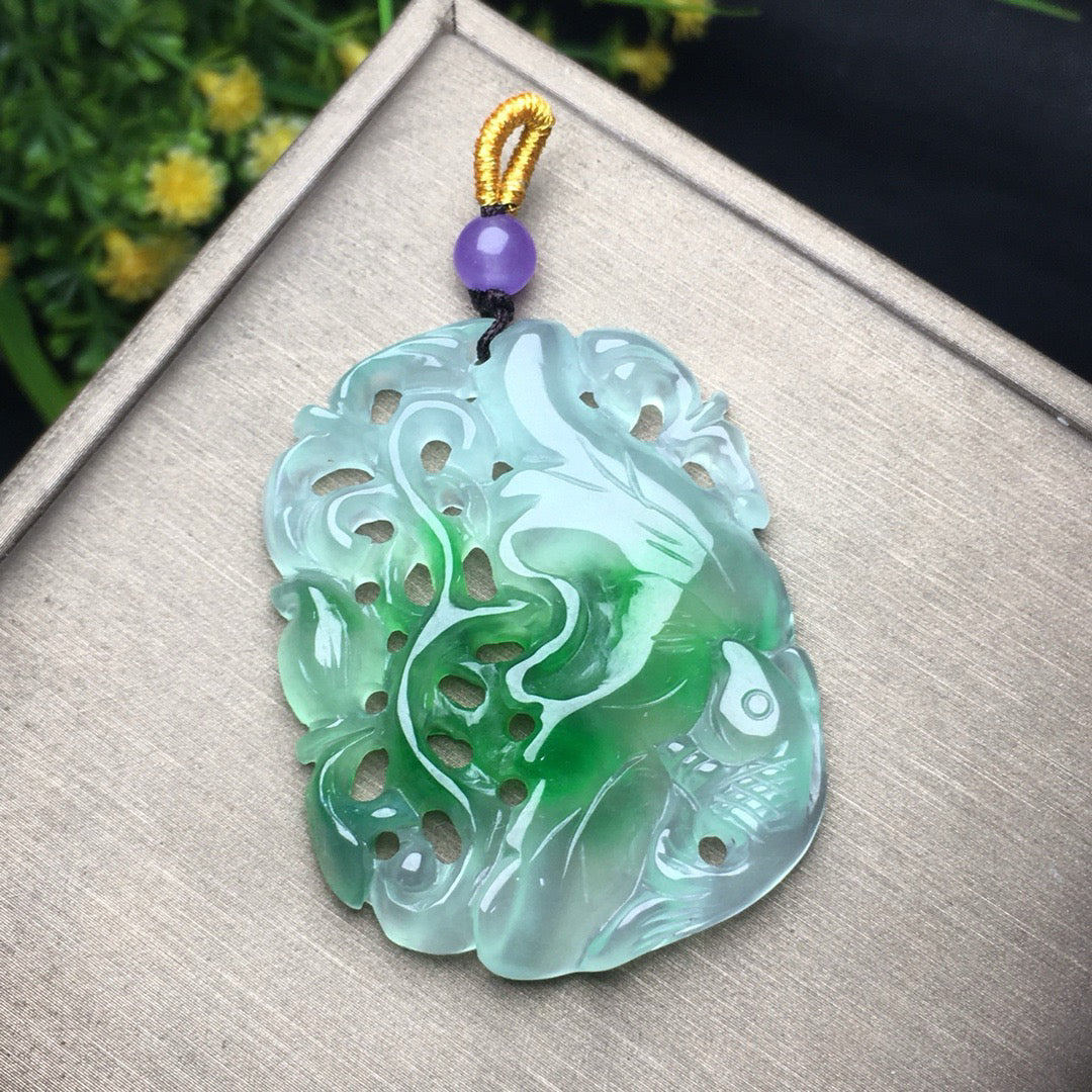 Ice floating green lotus fish jade plaque