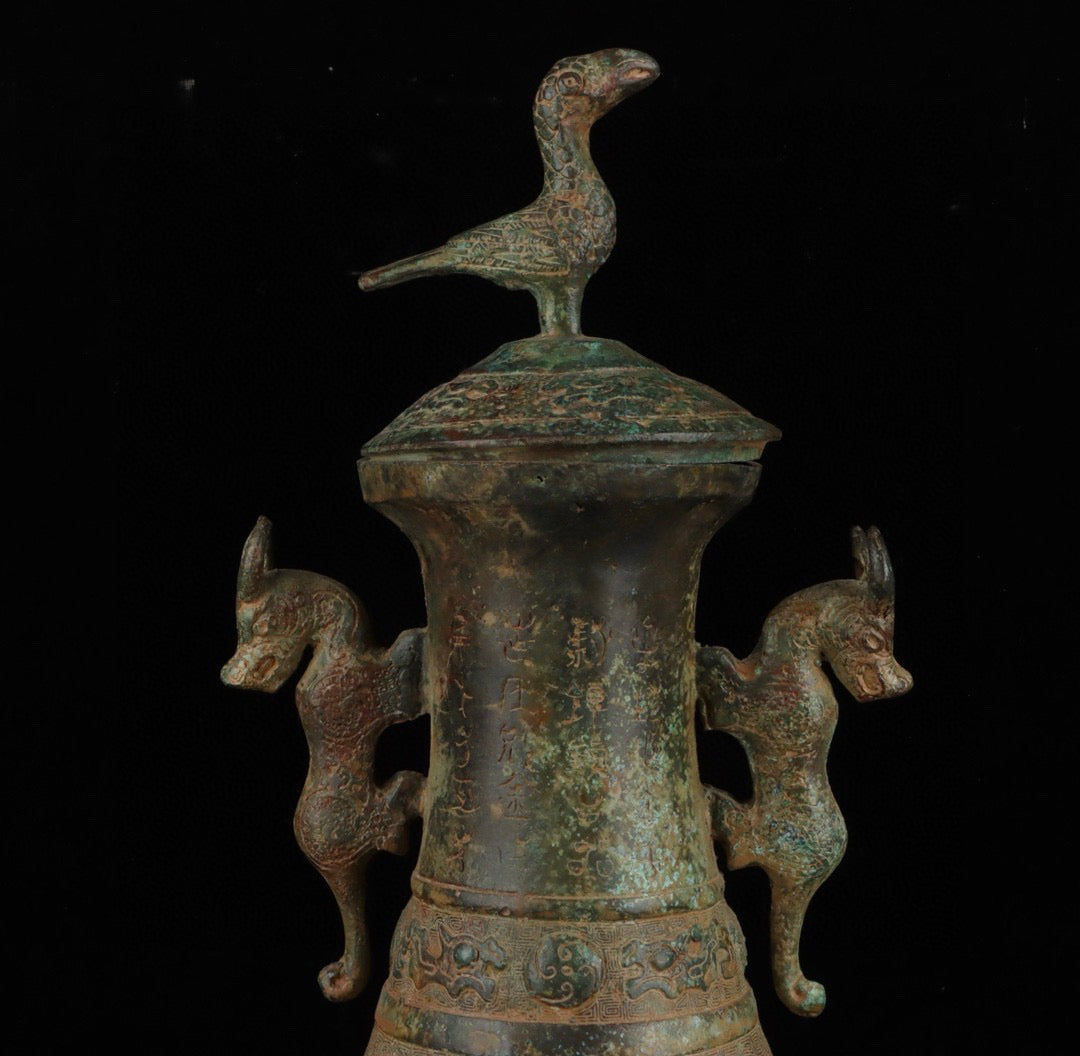 Chinese antique bronze six dragon standing bird teapot