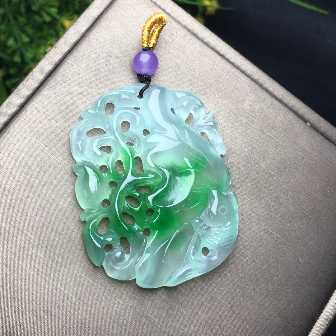 Ice floating green lotus fish jade plaque