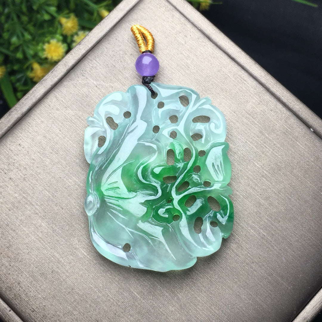 Ice floating green lotus fish jade plaque