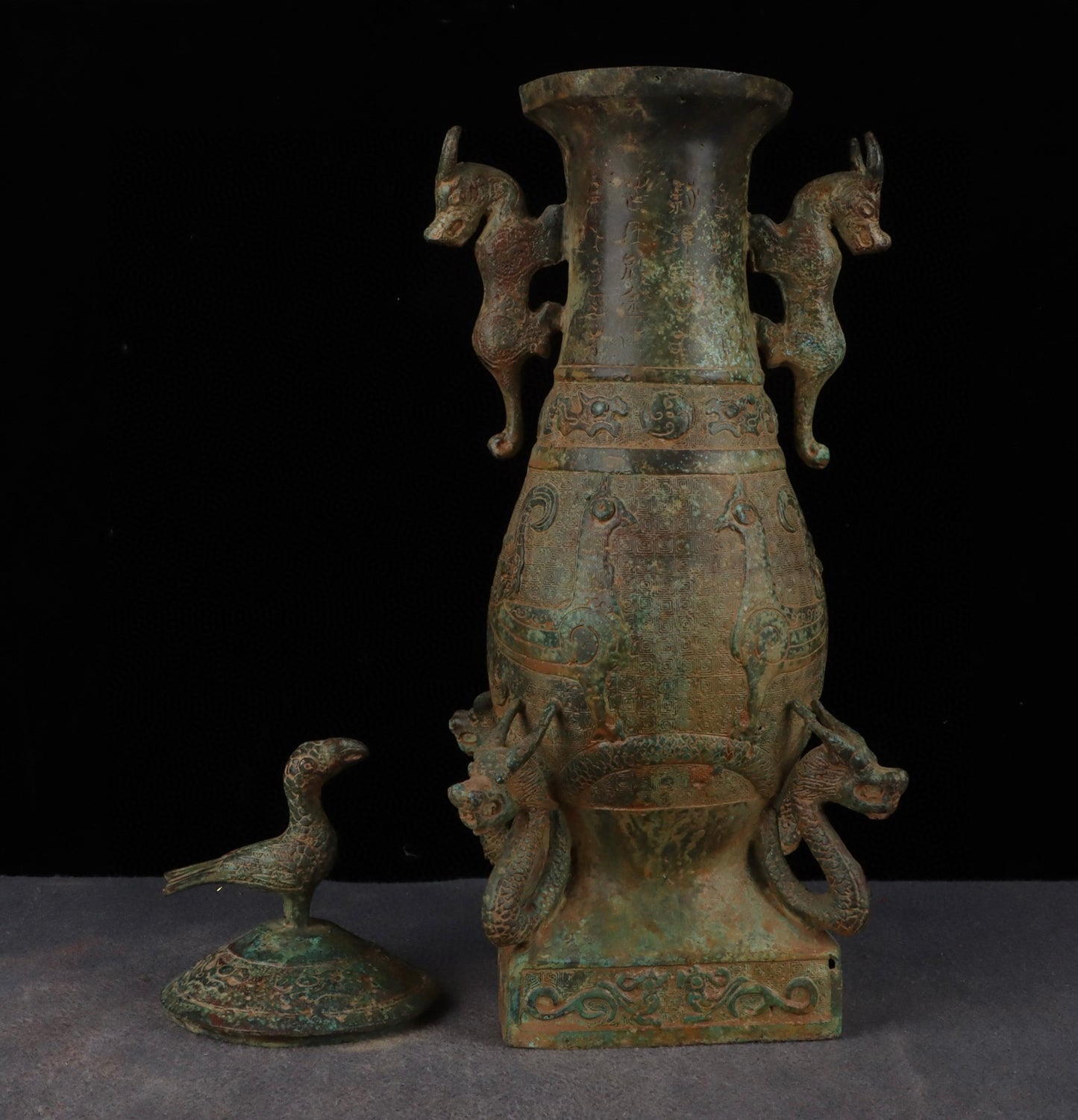 Chinese antique bronze six dragon standing bird teapot