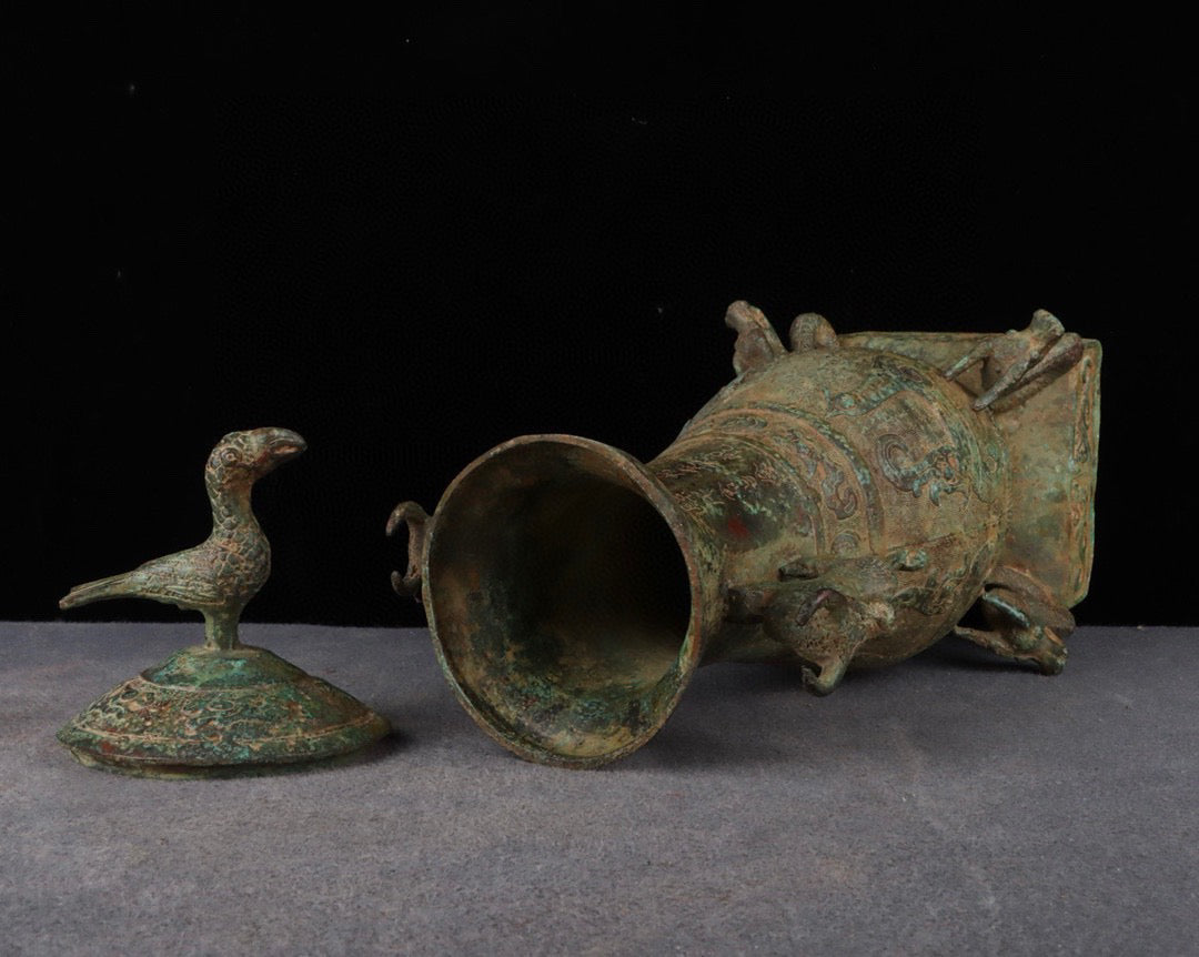 Chinese antique bronze six dragon standing bird teapot