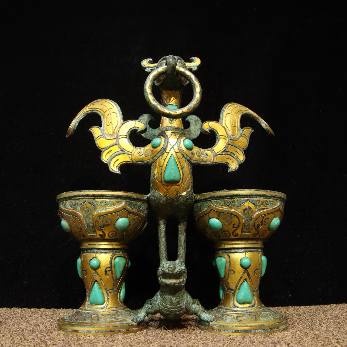 Chinese Antique Bronze - Inscripted Golden Vermilion Bird Cup