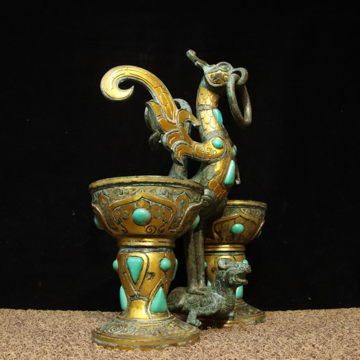 Chinese Antique Bronze - Inscripted Golden Vermilion Bird Cup