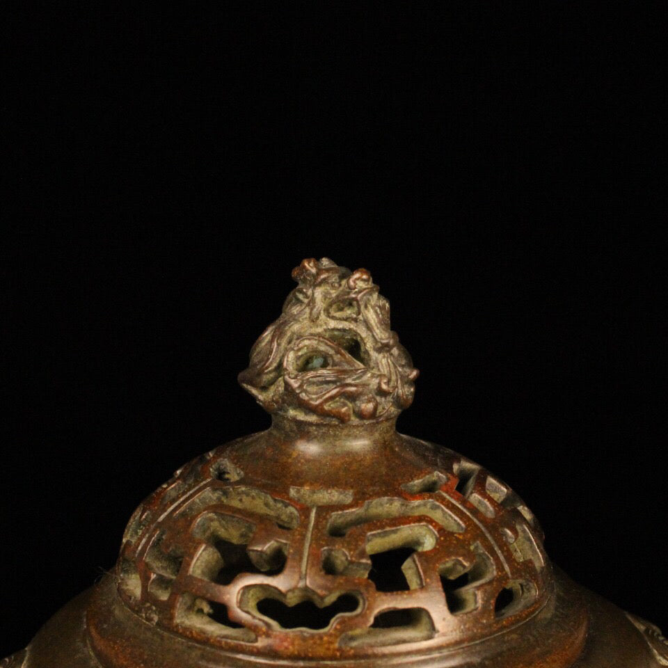 Chinese antique bronze beast head incense burner