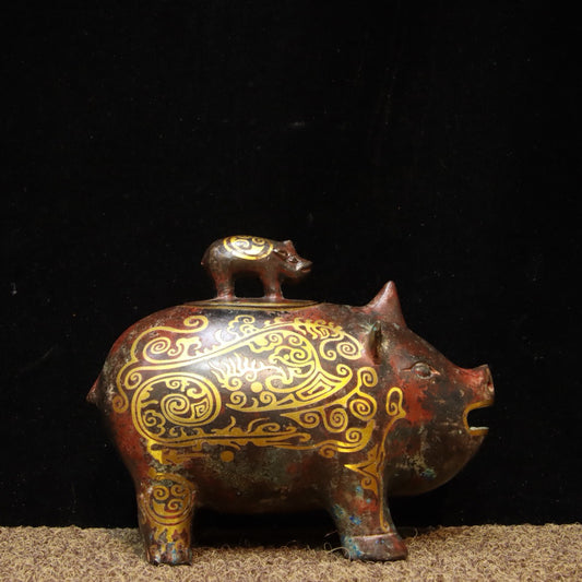 Chinese Antique Bronze - Inscripted Gold Piggy Wine