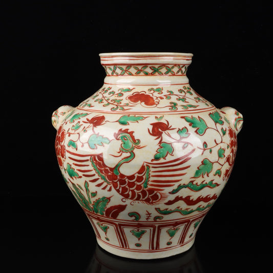 Red and green colorful phoenixes wearing peony patterned animal ear jars