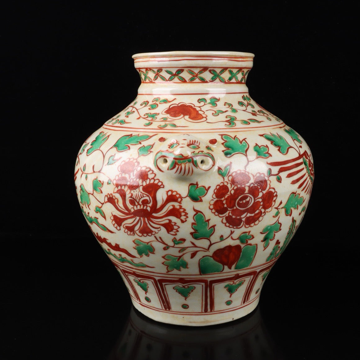 Red and green colorful phoenixes wearing peony patterned animal ear jars