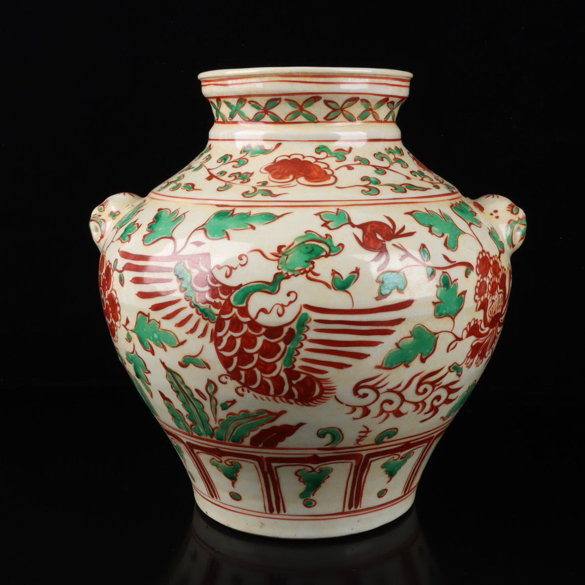 Red and green colorful phoenixes wearing peony patterned animal ear jars