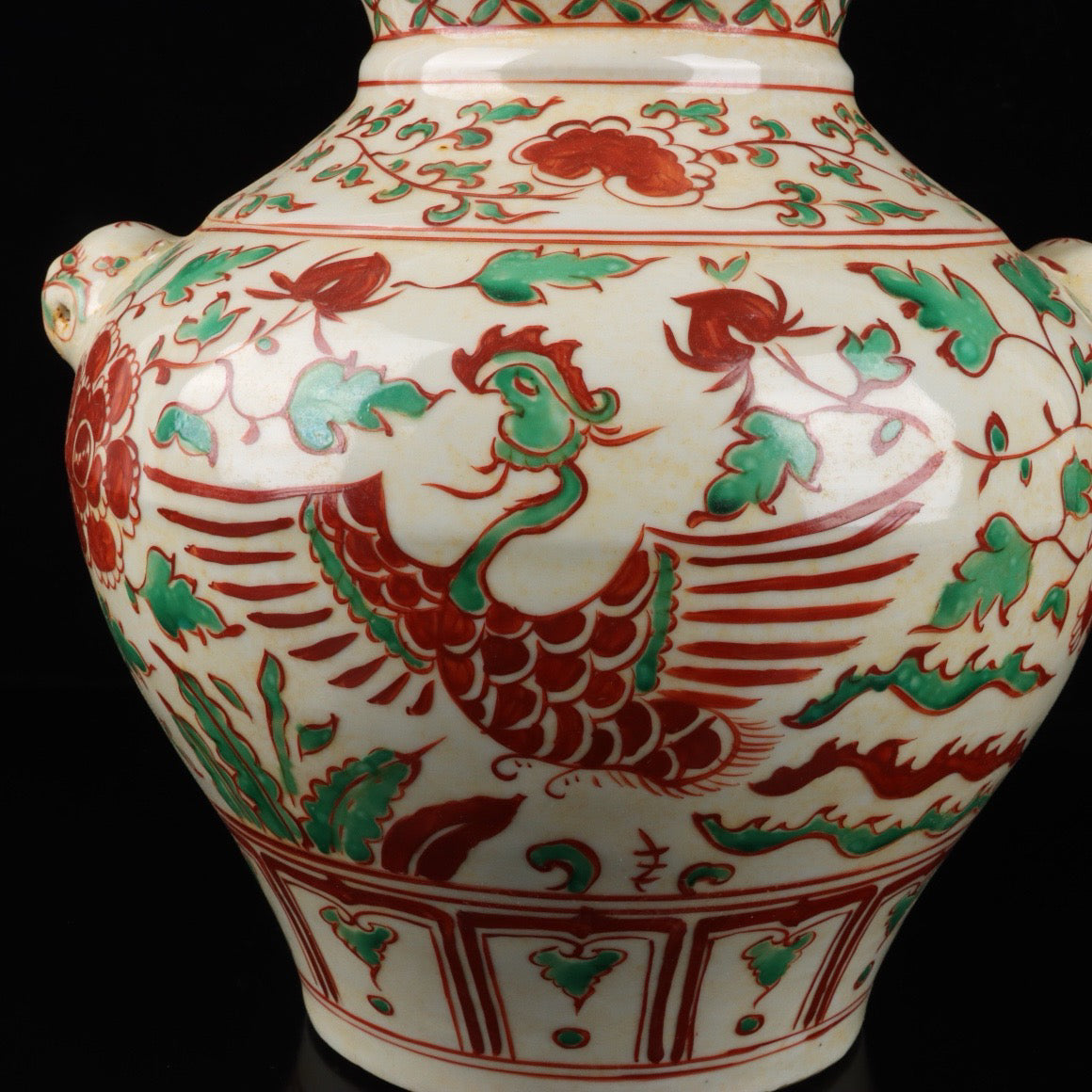 Red and green colorful phoenixes wearing peony patterned animal ear jars