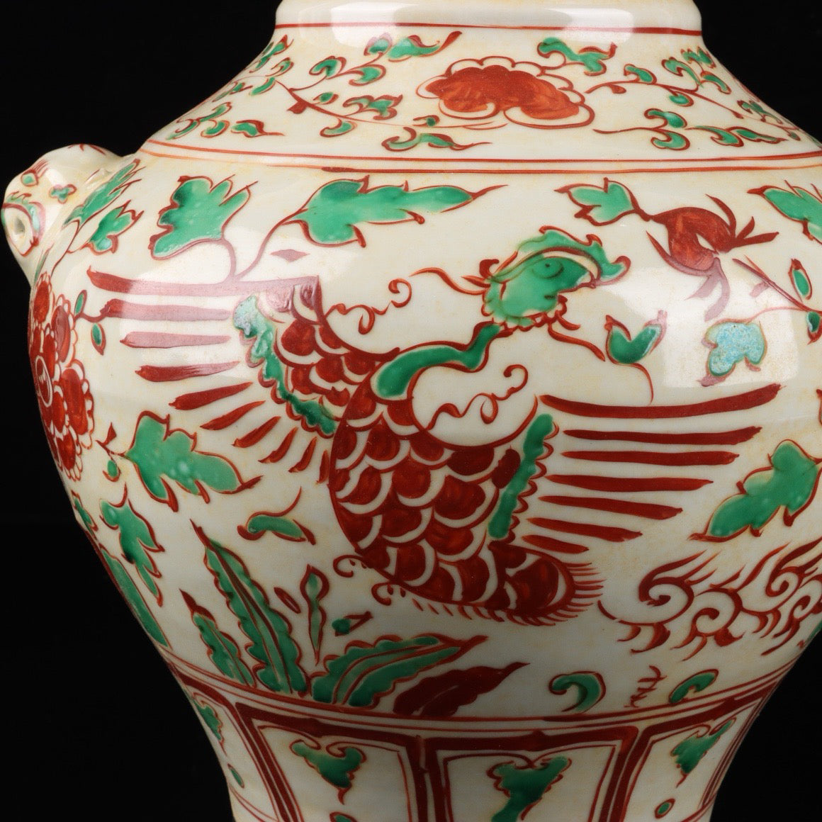 Red and green colorful phoenixes wearing peony patterned animal ear jars