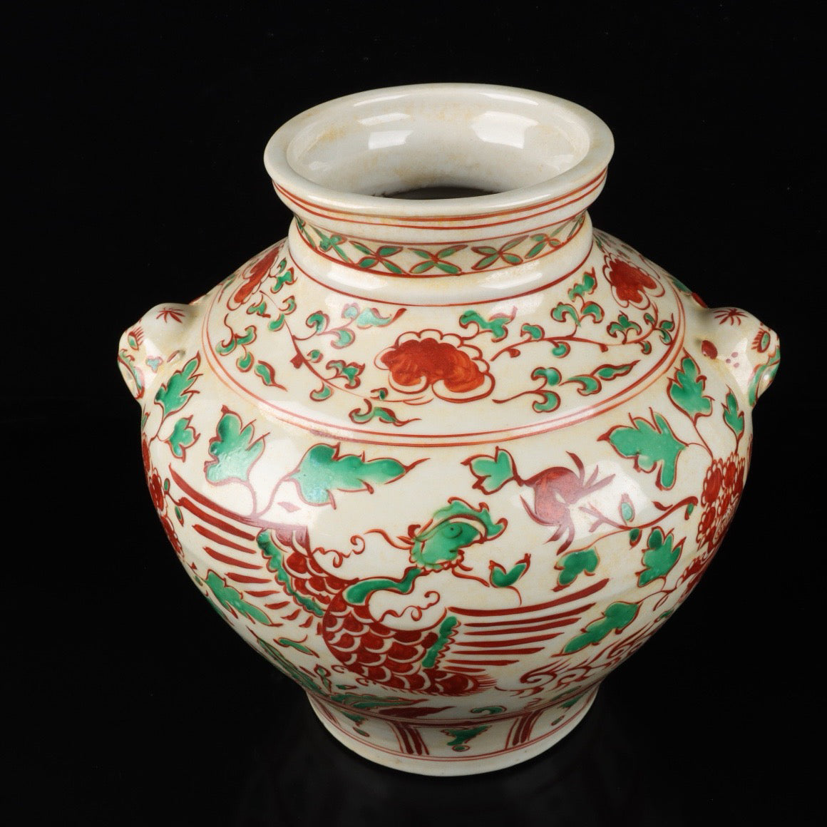 Red and green colorful phoenixes wearing peony patterned animal ear jars