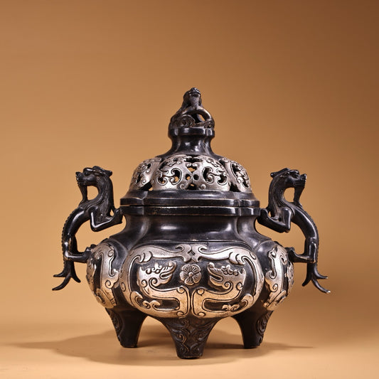 Chinese Antique Collection Pure Copper High Relief Carving Gilded Silver Dragon Ear Incense Burner
