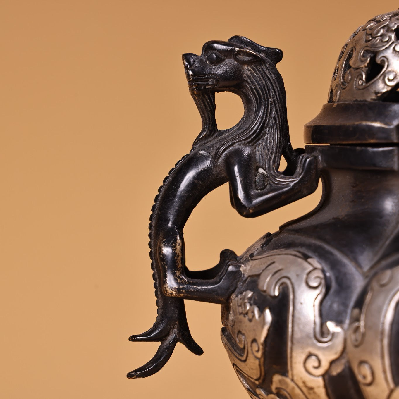 Chinese Antique Collection Pure Copper High Relief Carving Gilded Silver Dragon Ear Incense Burner