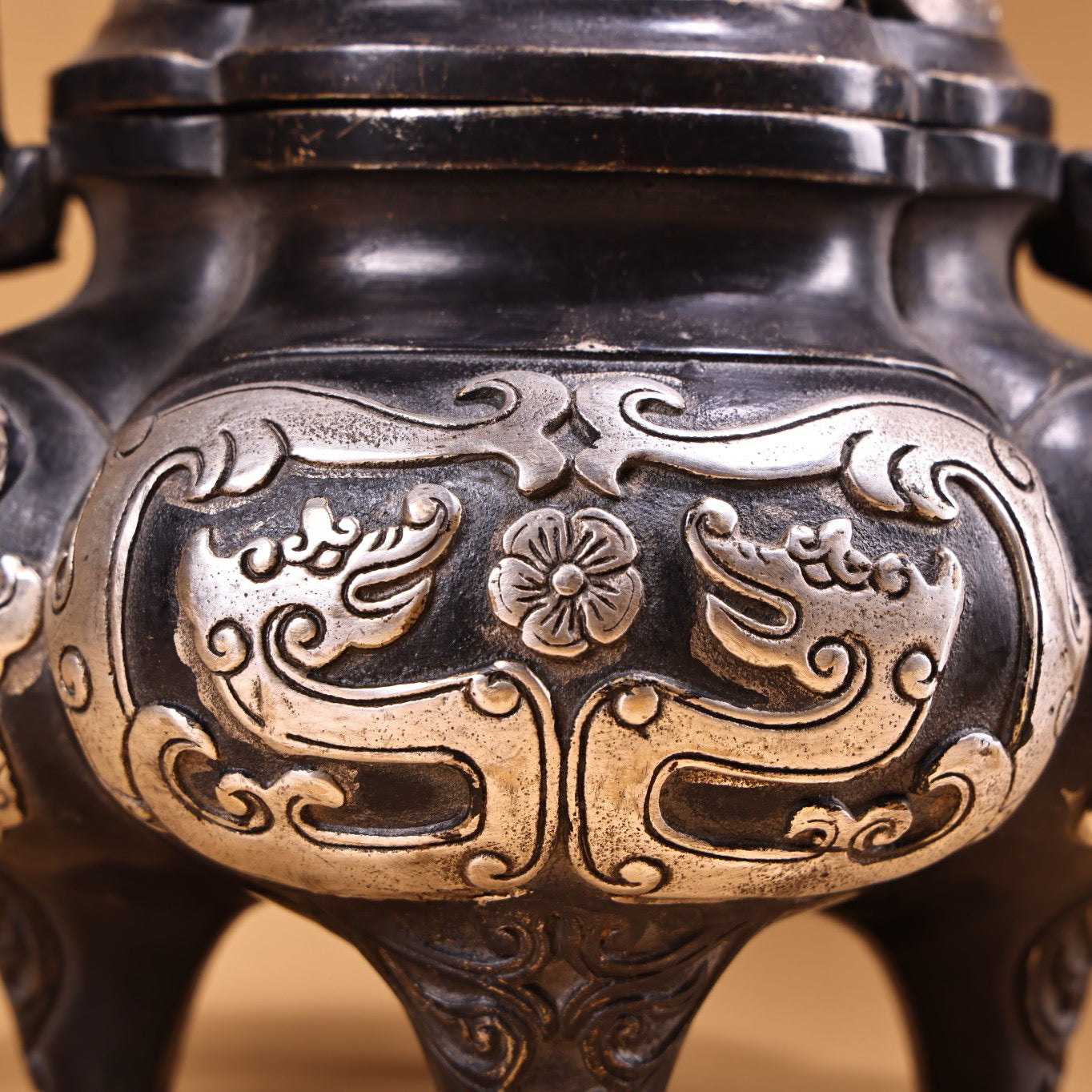 Chinese Antique Collection Pure Copper High Relief Carving Gilded Silver Dragon Ear Incense Burner