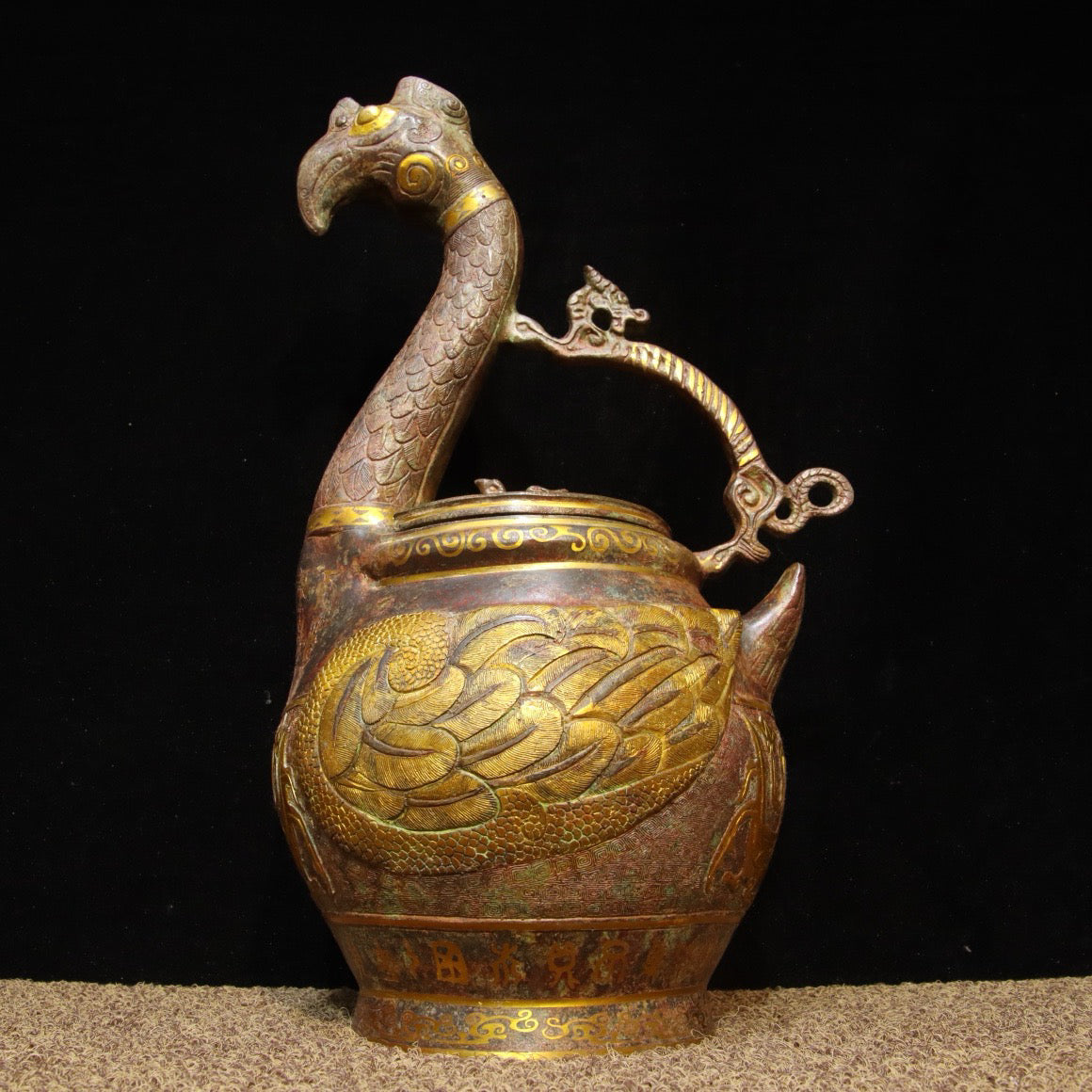 Chinese antique bronze - inlaid gold dragon and phoenix carrying beam teapot