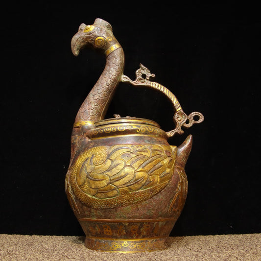 Chinese antique bronze - inlaid gold dragon and phoenix carrying beam teapot