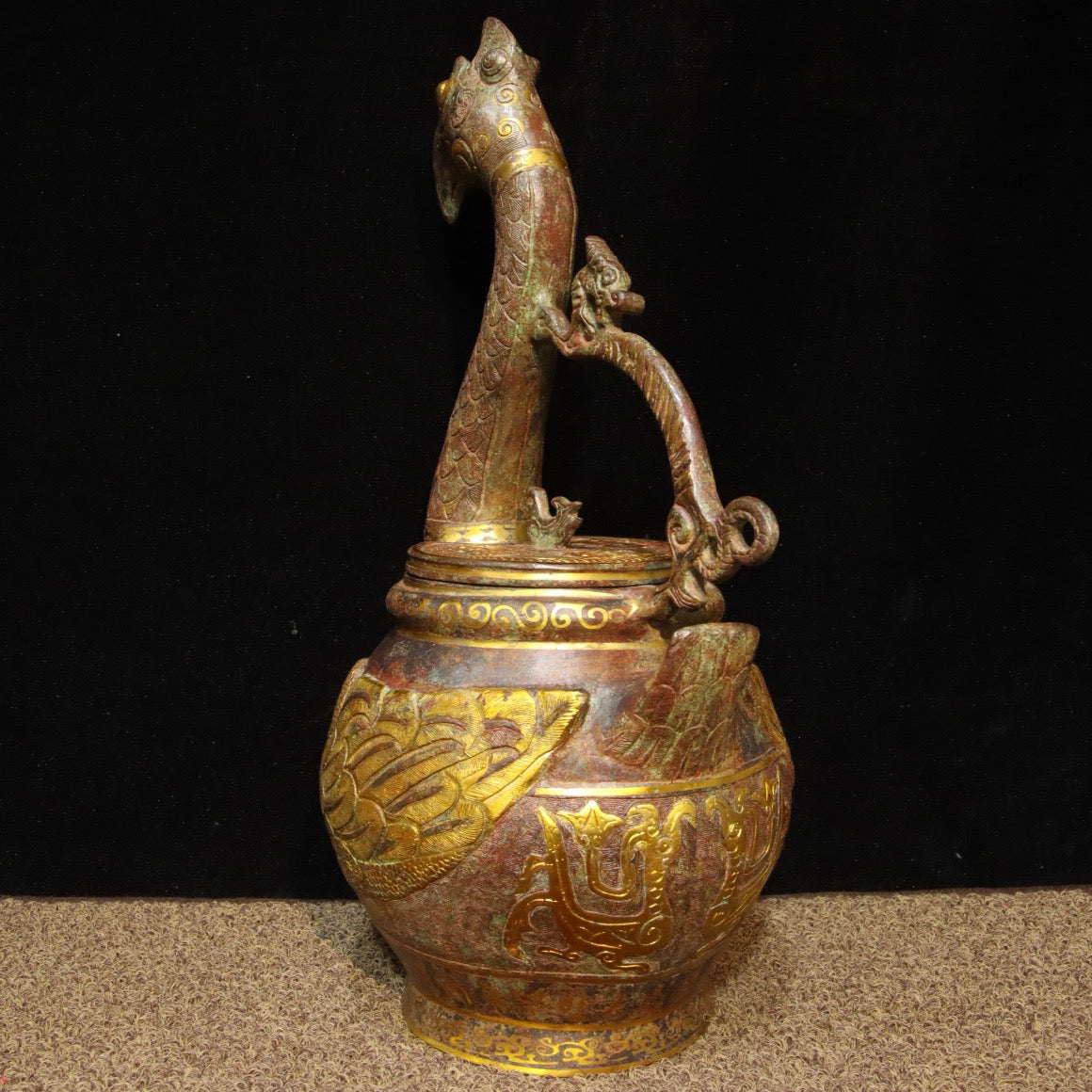 Chinese antique bronze - inlaid gold dragon and phoenix carrying beam teapot