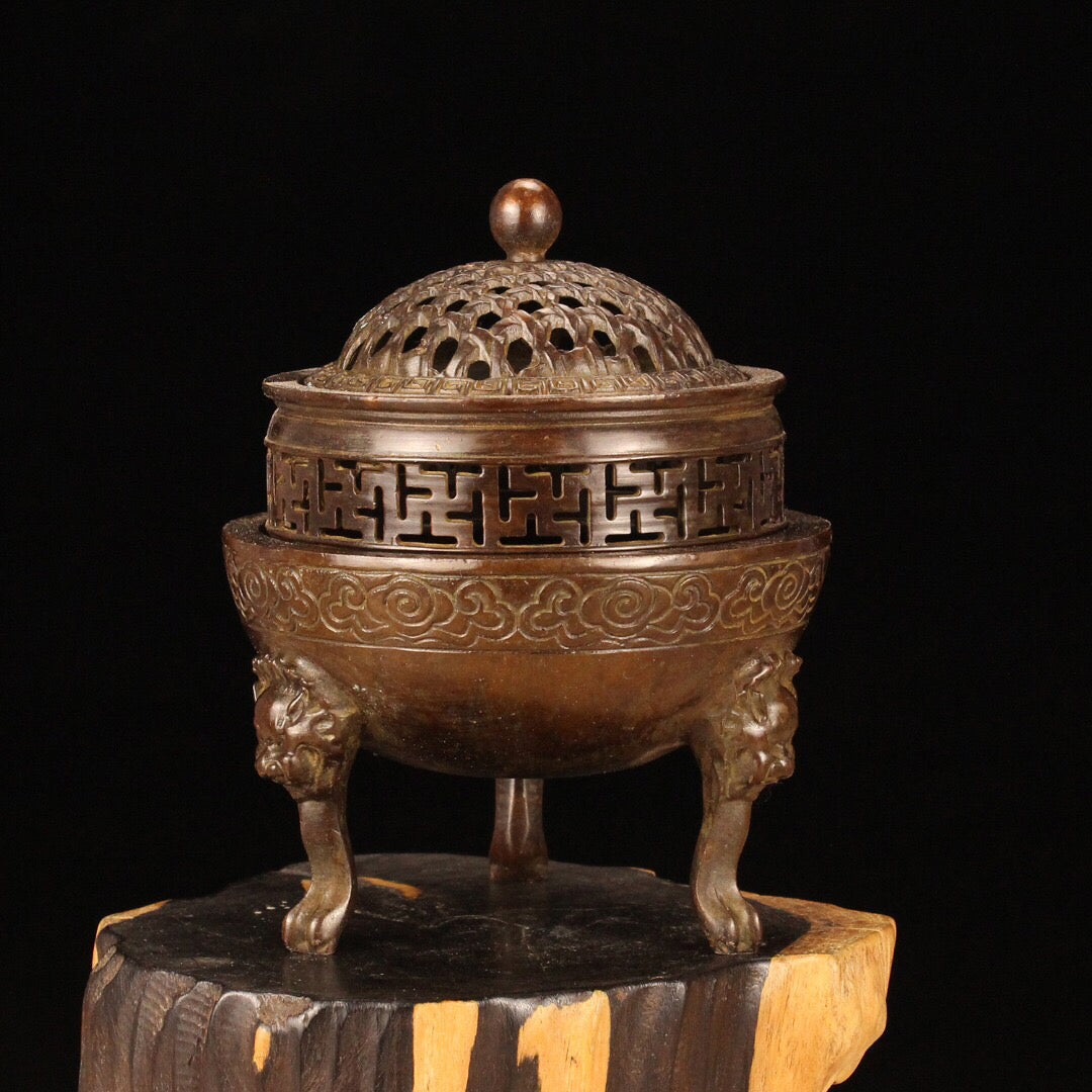 Chinese Antique Network Cover Three Layer Incense Burner