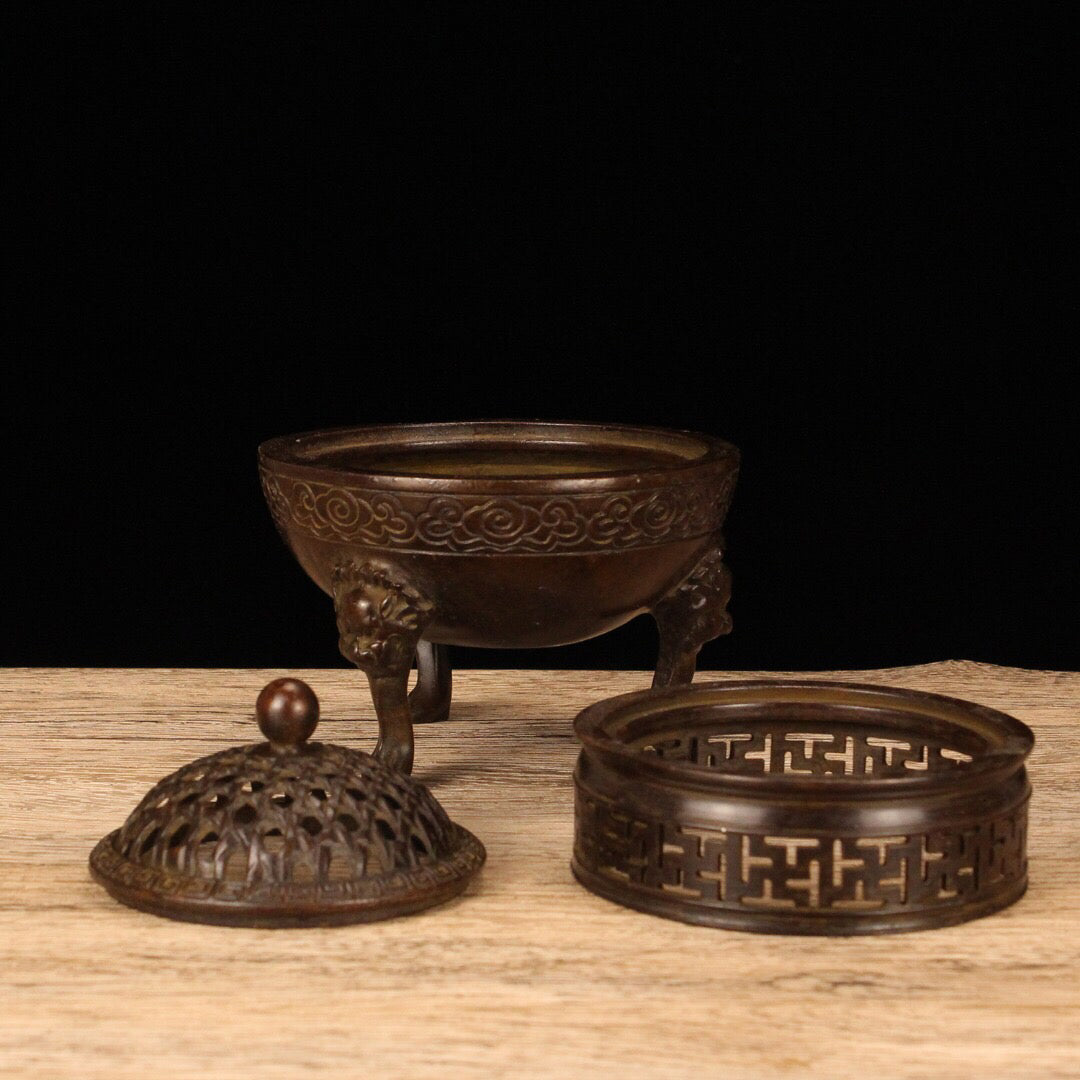 Chinese Antique Network Cover Three Layer Incense Burner