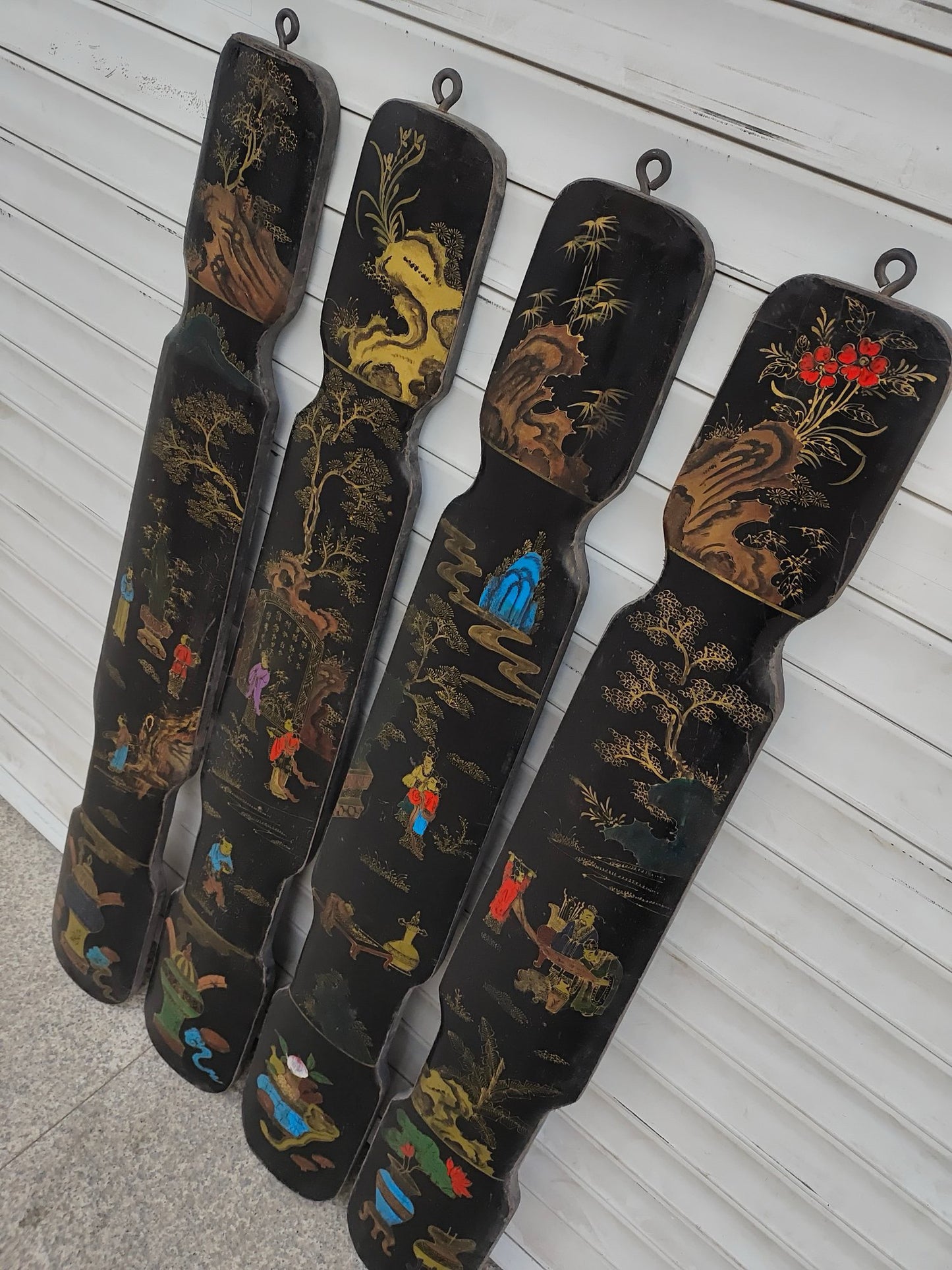 Old Nanmu Lacquerware with Gold Painted Four Screen Hanging Plaques [Qin, Chess, Calligraphy and Painting]