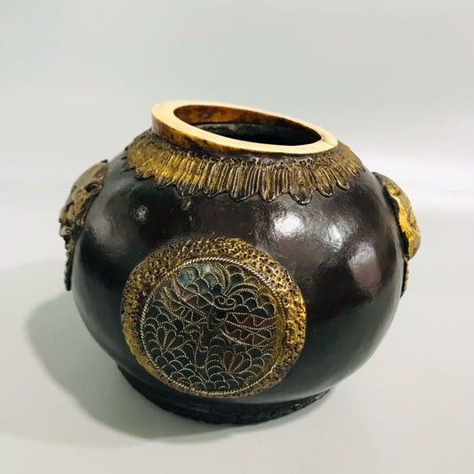 Chinese Antique Lacquer Carved Old Gourd Double Beast Jar