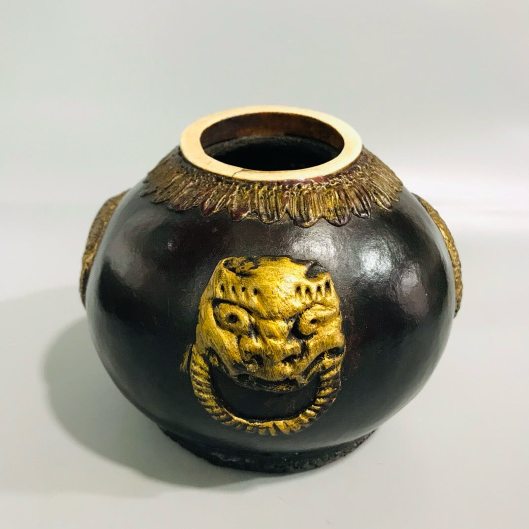 Chinese Antique Lacquer Carved Old Gourd Double Beast Jar