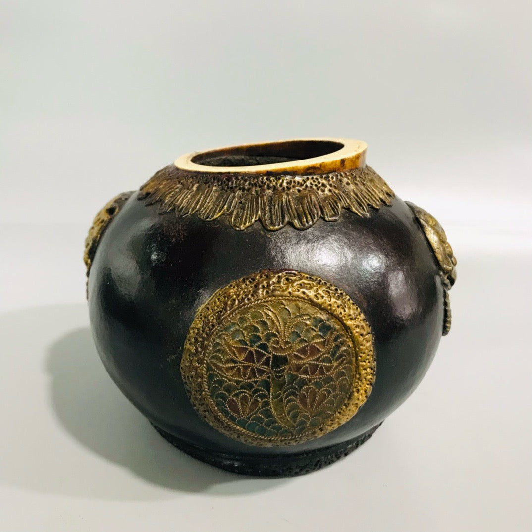 Chinese Antique Lacquer Carved Old Gourd Double Beast Jar
