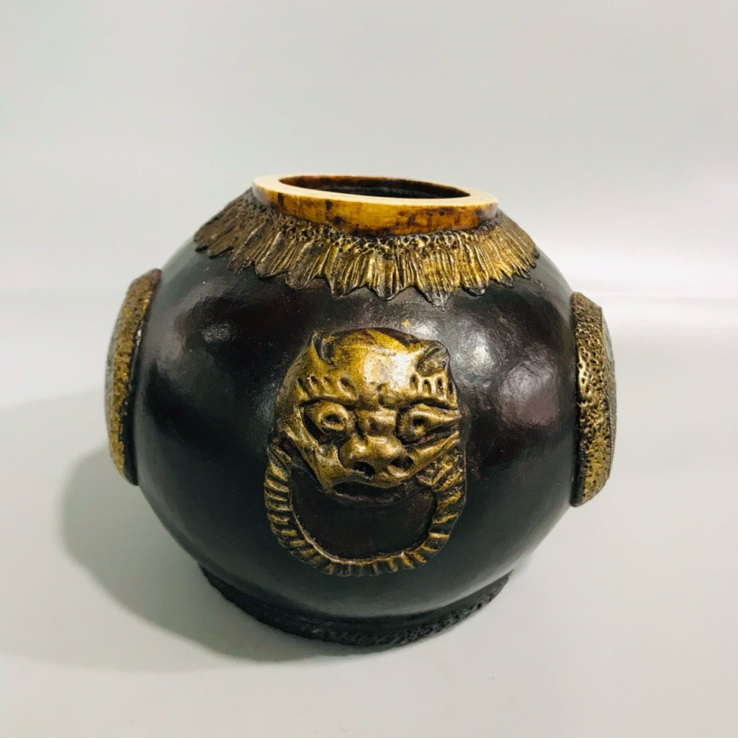 Chinese Antique Lacquer Carved Old Gourd Double Beast Jar