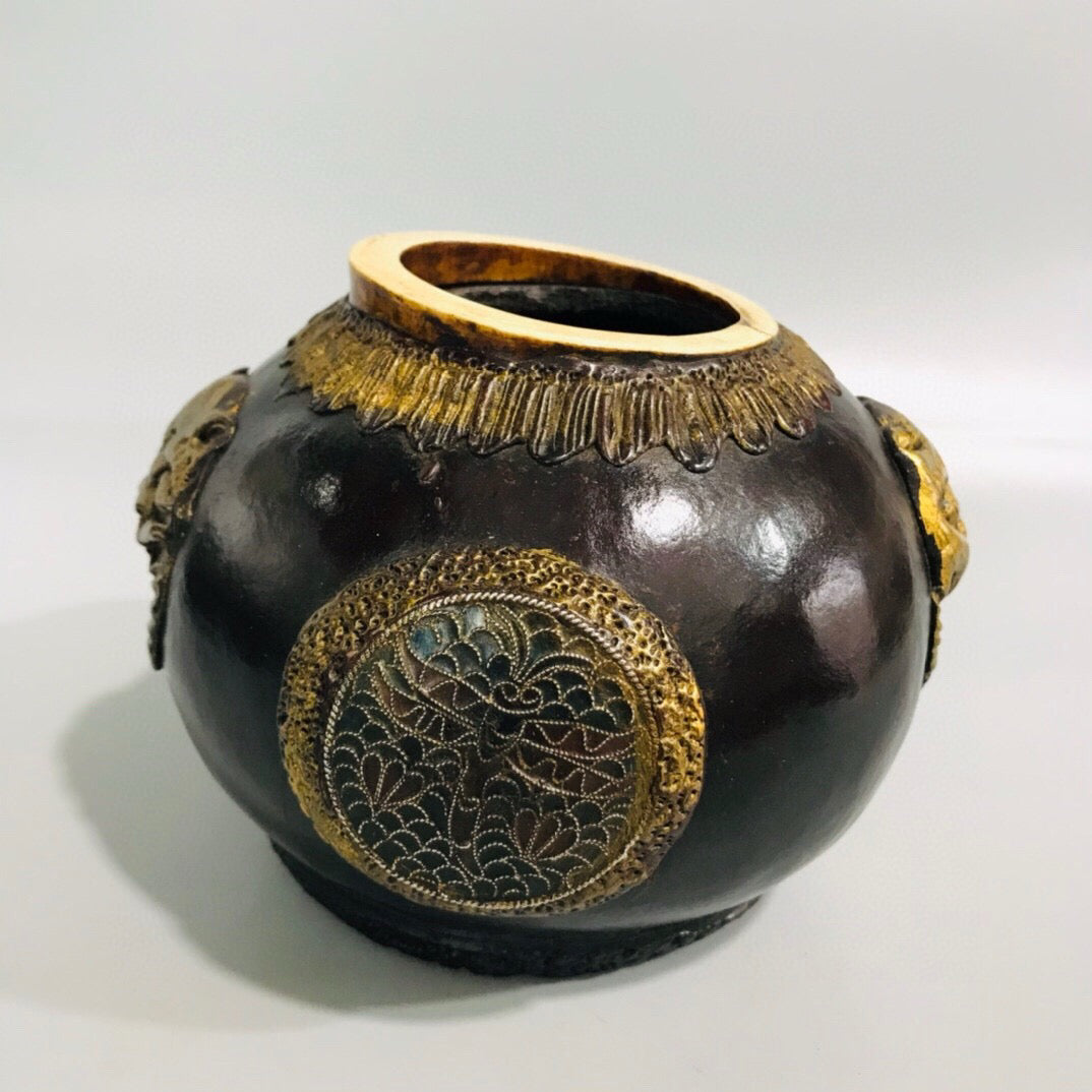 Chinese Antique Lacquer Carved Old Gourd Double Beast Jar