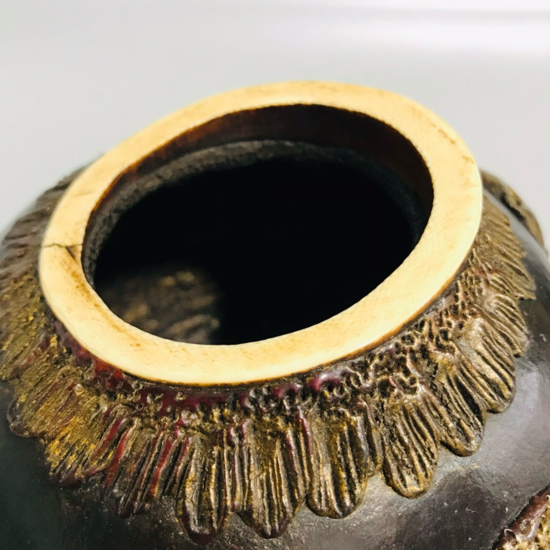 Chinese Antique Lacquer Carved Old Gourd Double Beast Jar