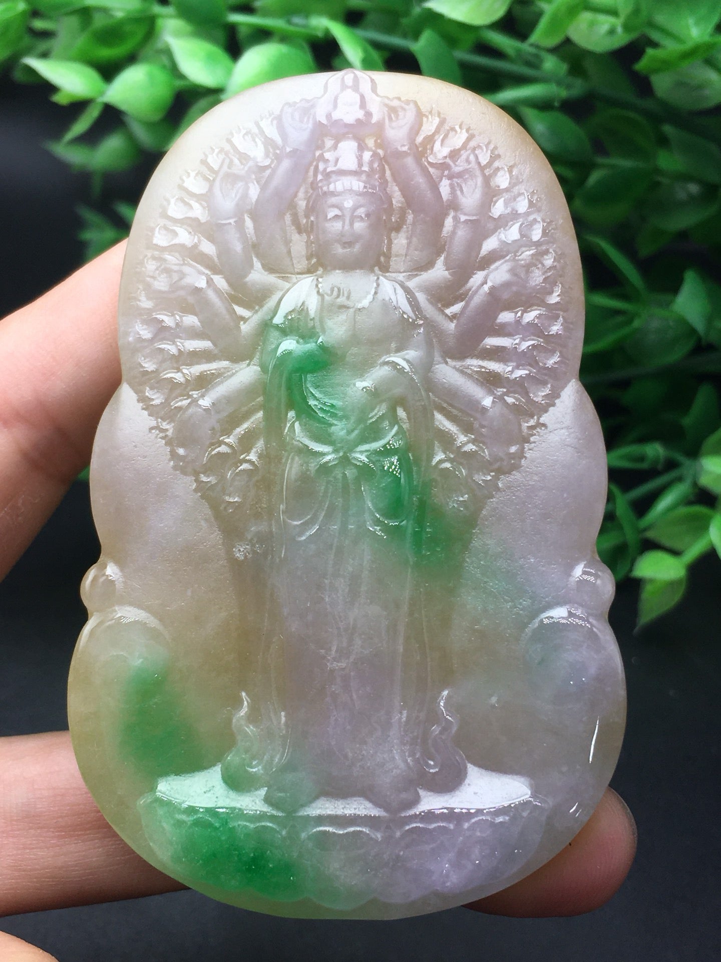 Three color thick jade plaque frosted thousand handed Guanyin