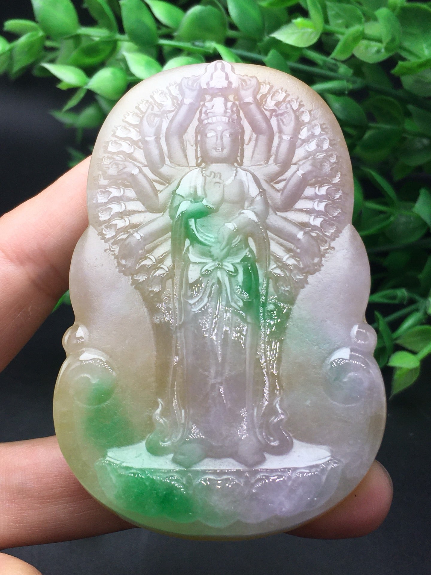 Three color thick jade plaque frosted thousand handed Guanyin