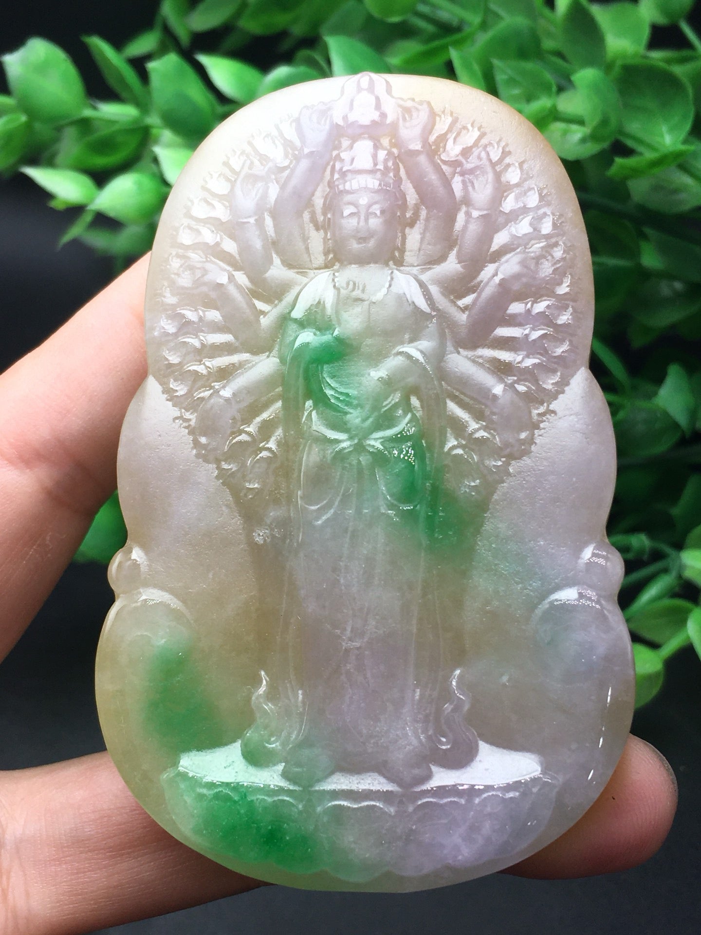 Three color thick jade plaque frosted thousand handed Guanyin