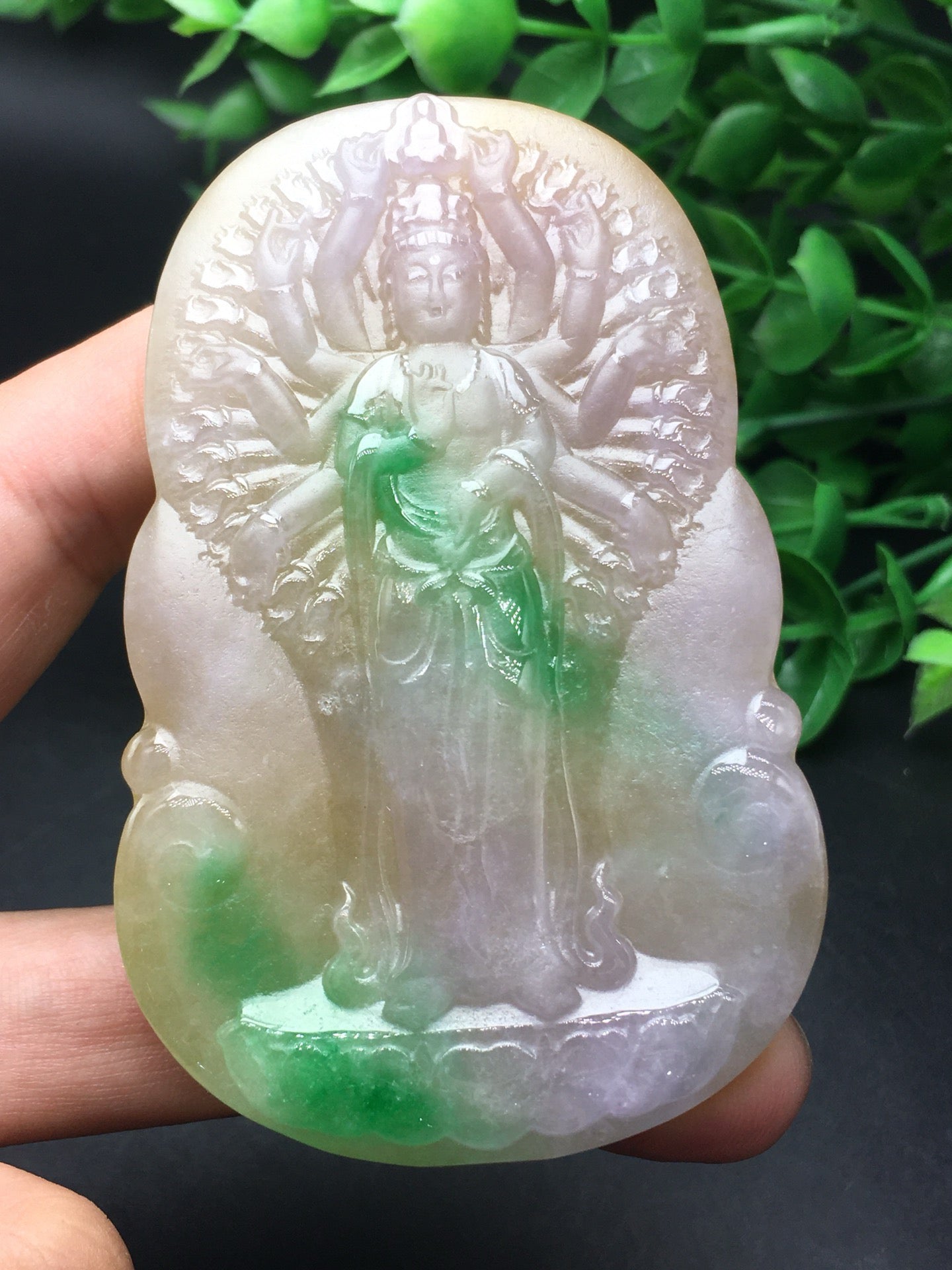 Three color thick jade plaque frosted thousand handed Guanyin