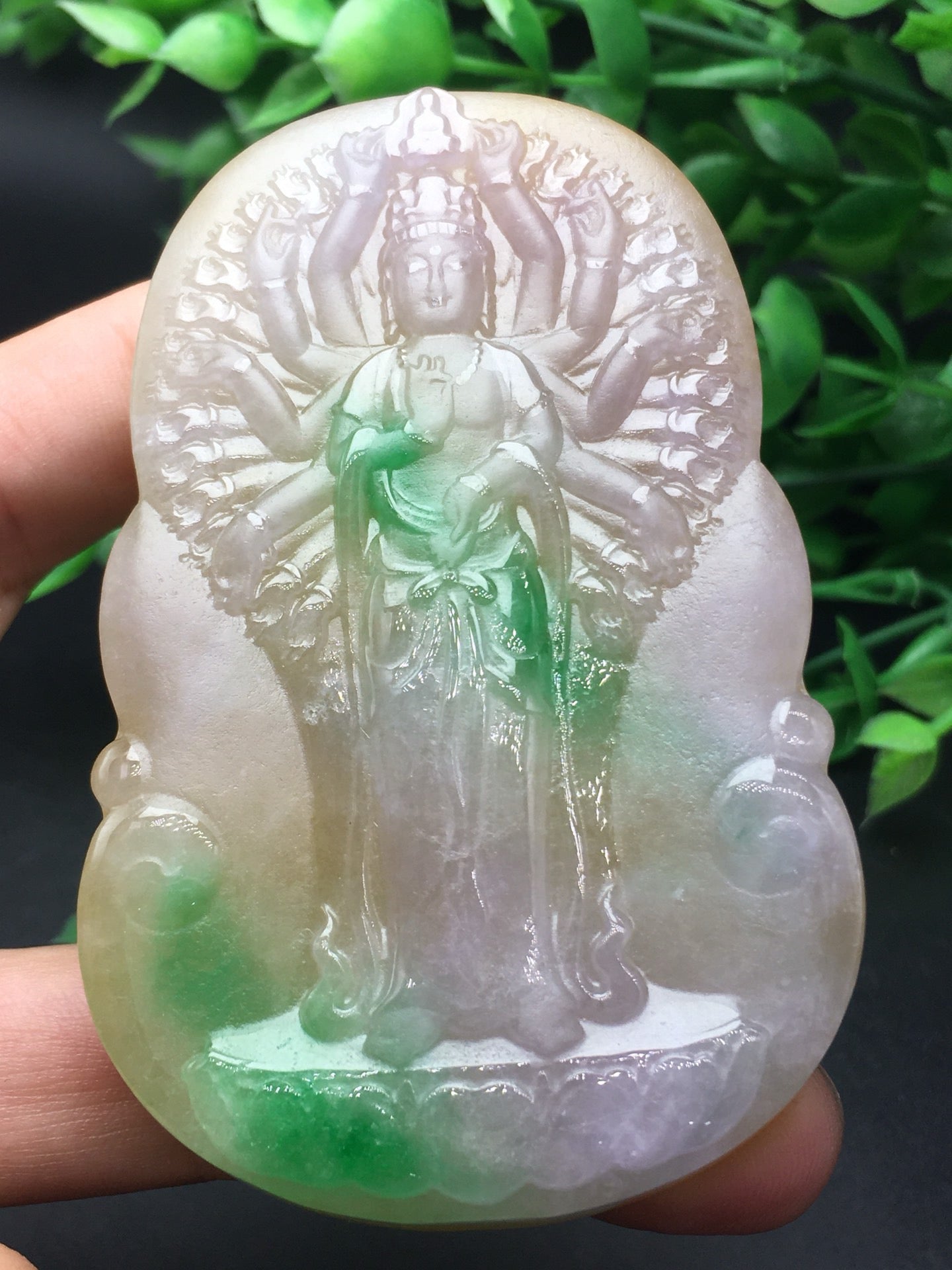 Three color thick jade plaque frosted thousand handed Guanyin