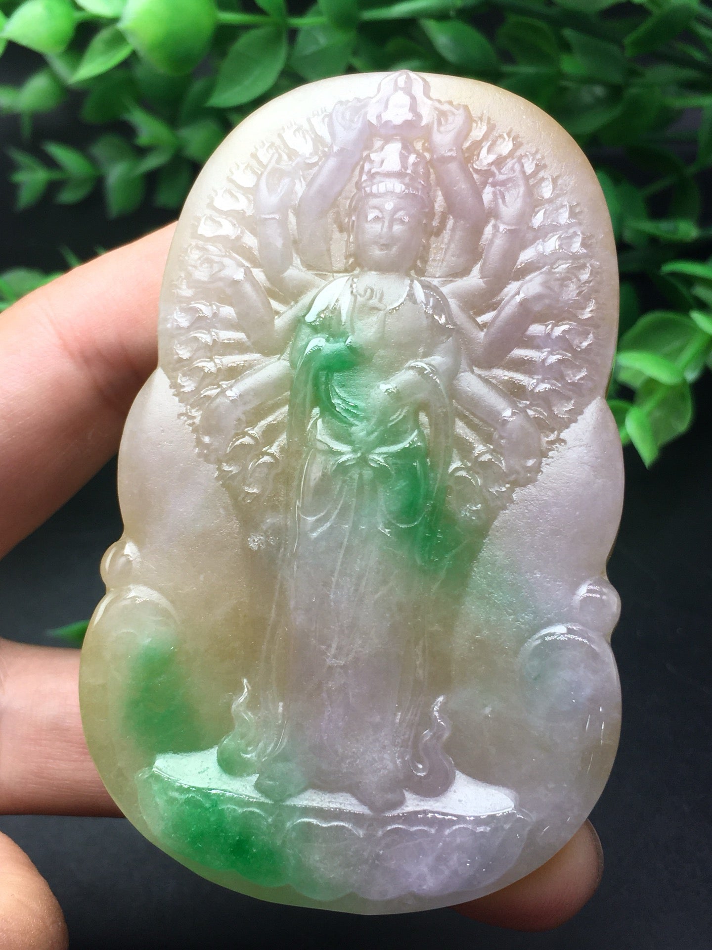 Three color thick jade plaque frosted thousand handed Guanyin