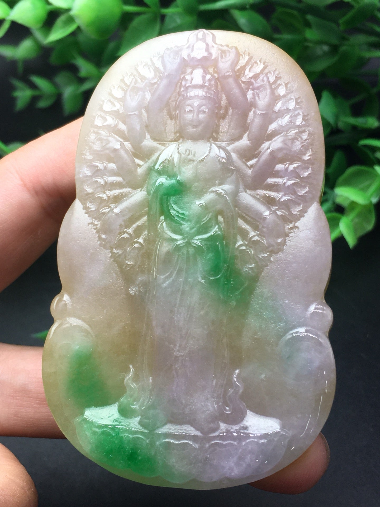 Three color thick jade plaque frosted thousand handed Guanyin