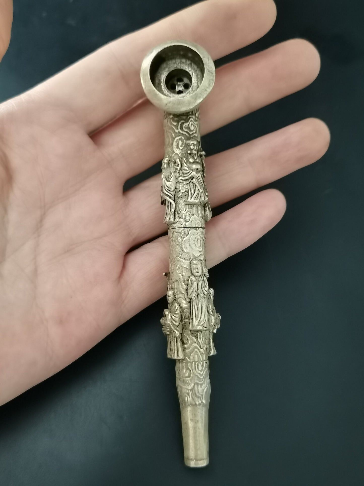 A Chinese antique silver Eight Immortals tobacco pipe