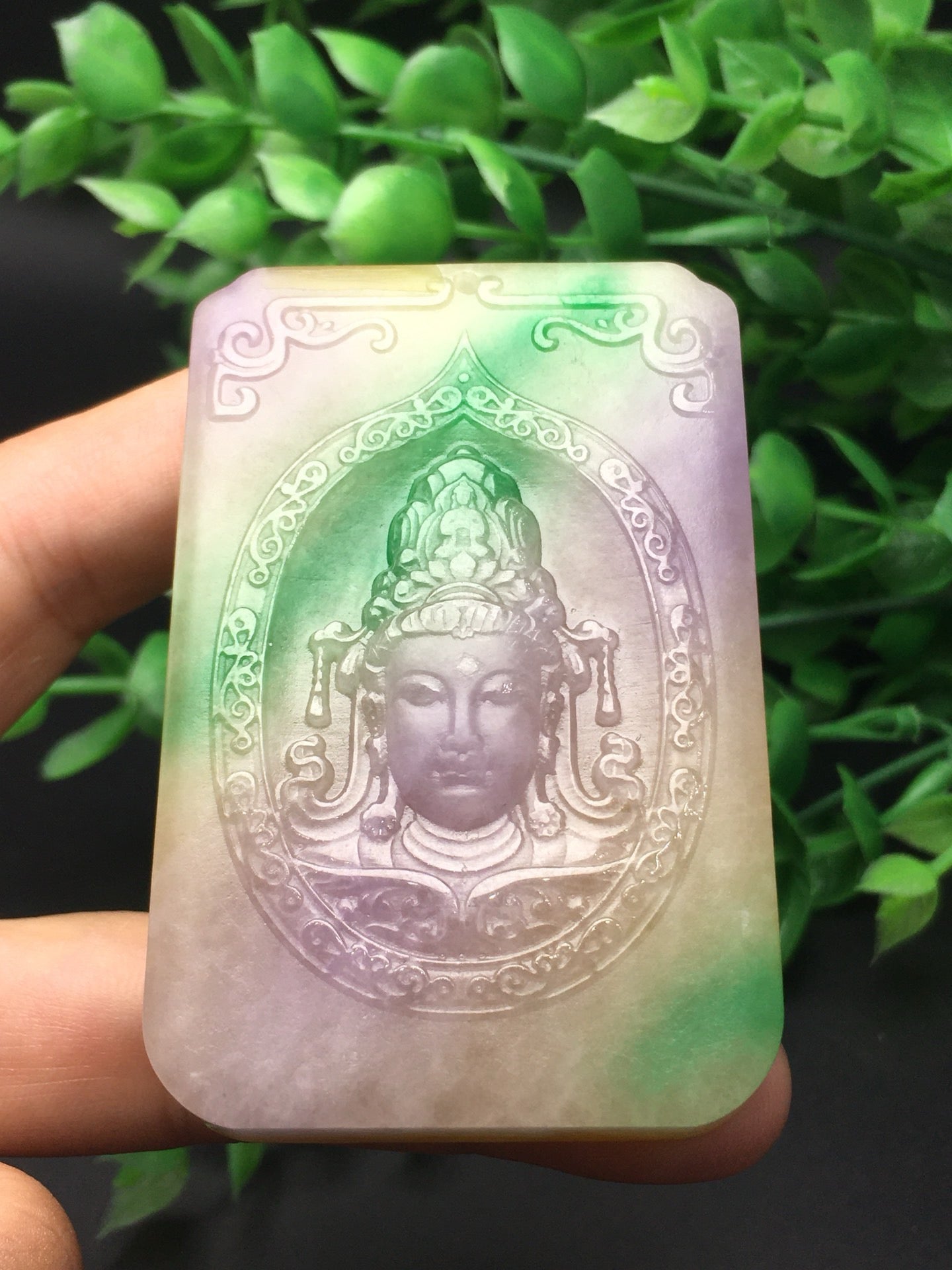 Three color jade plaque frosted Guanyin