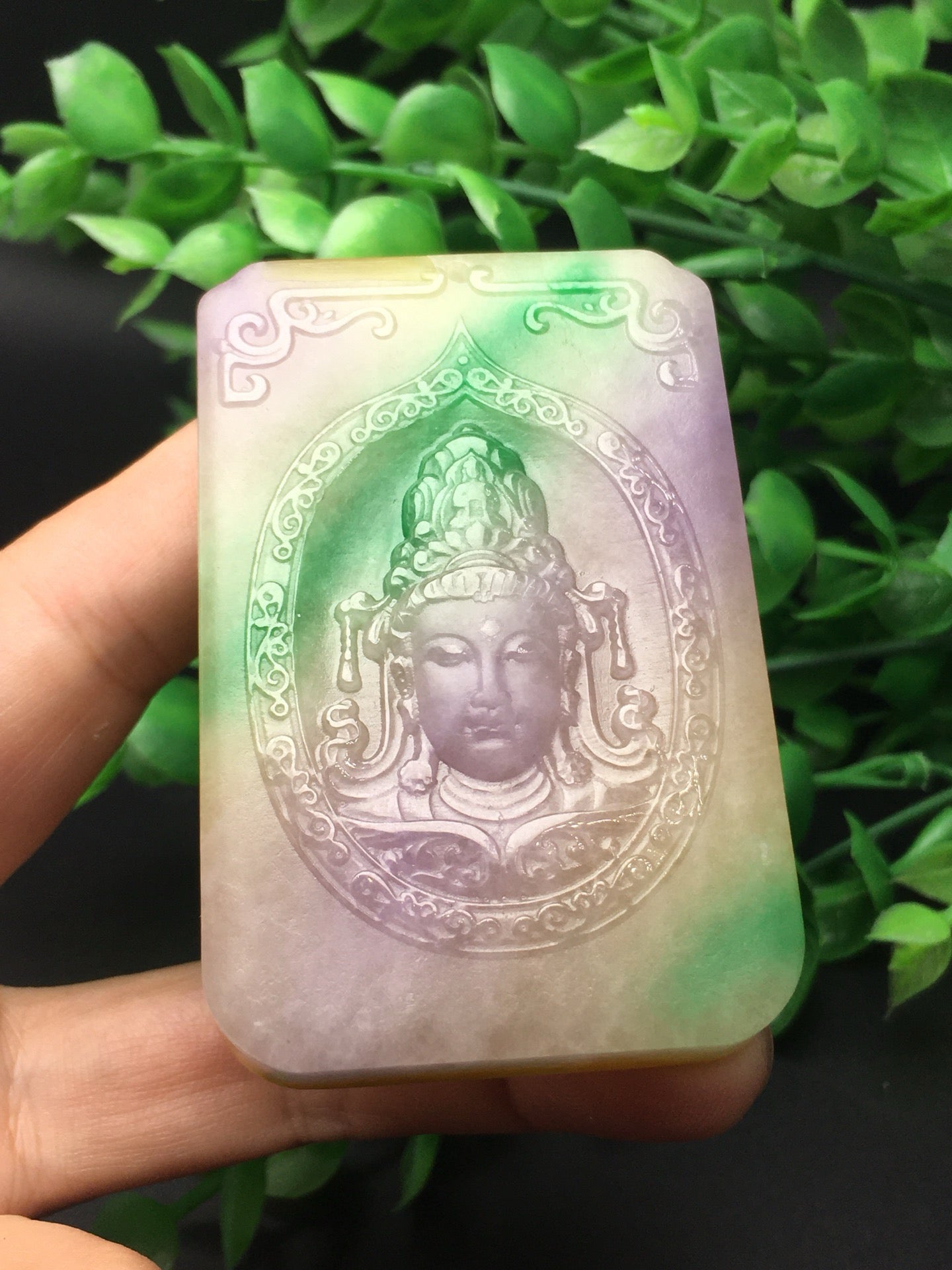 Three color jade plaque frosted Guanyin