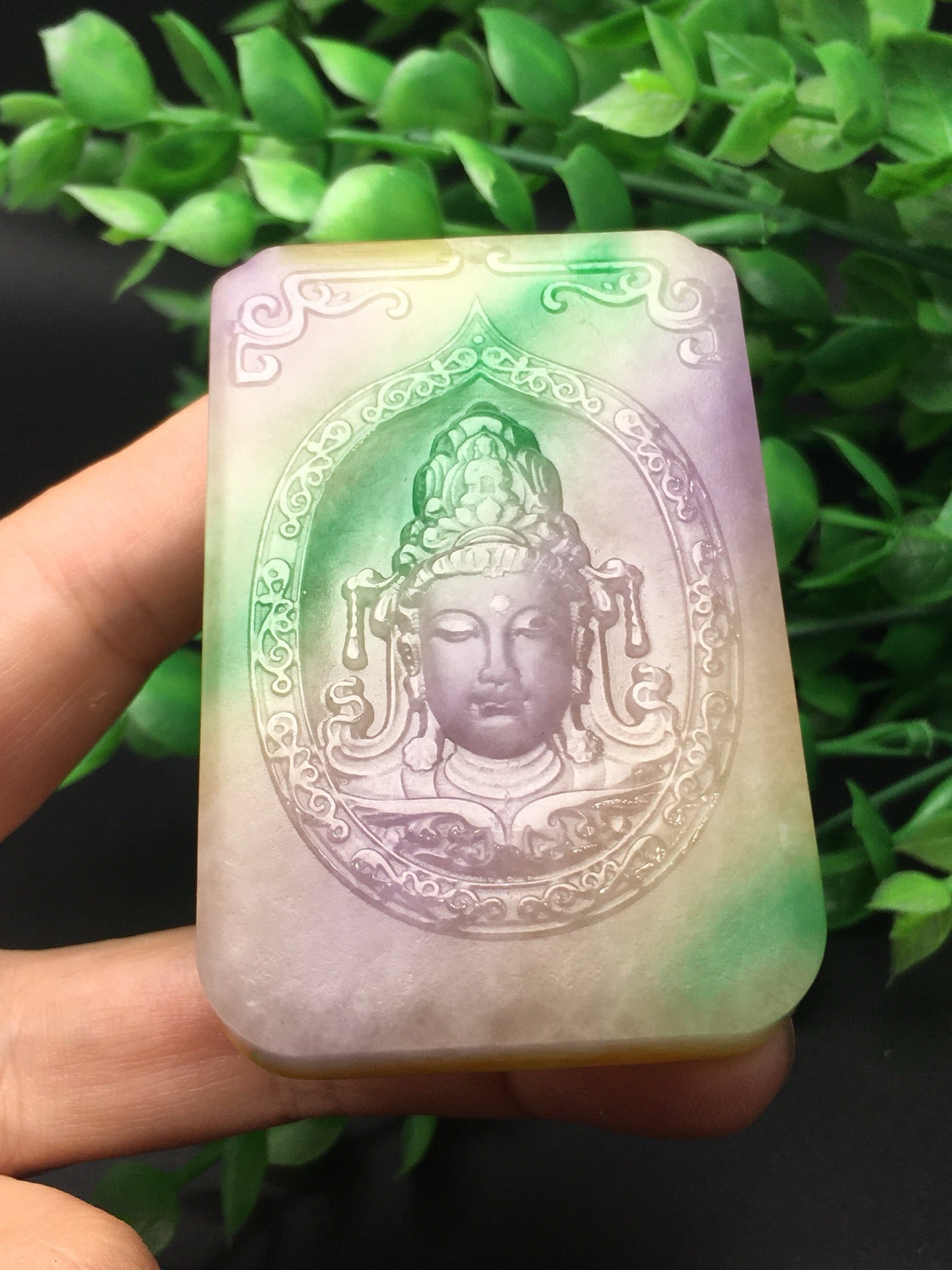 Three color jade plaque frosted Guanyin