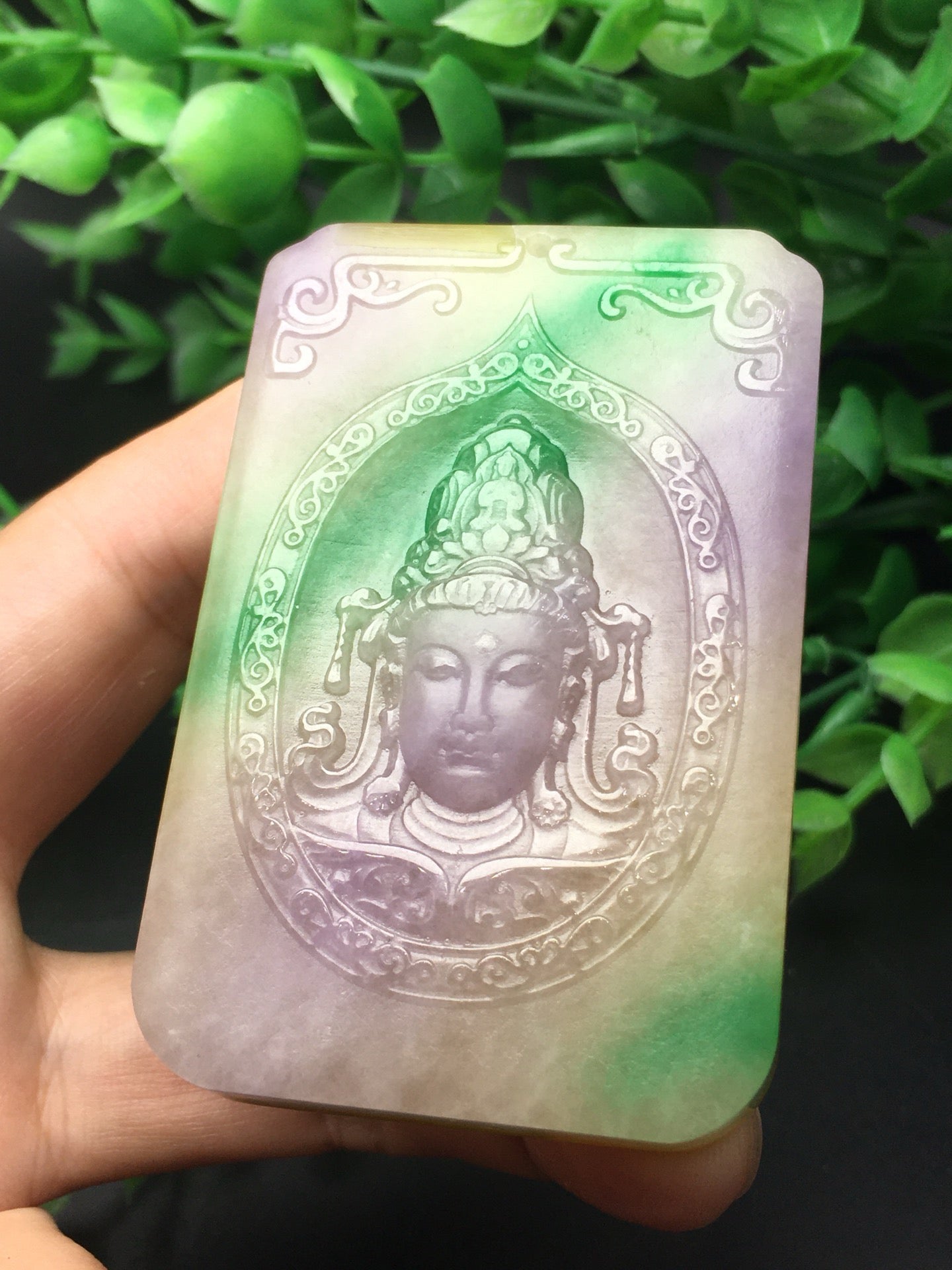 Three color jade plaque frosted Guanyin