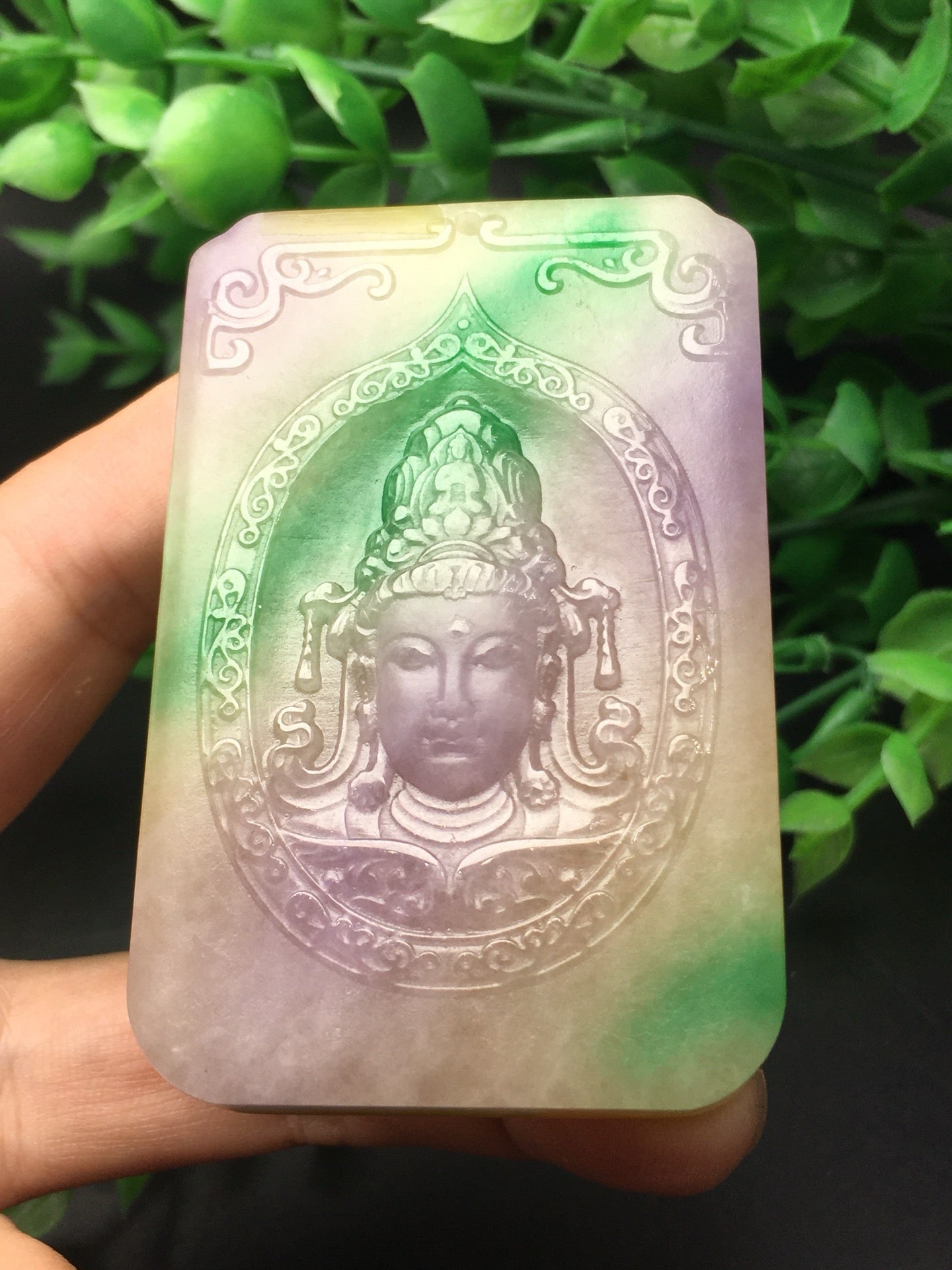 Three color jade plaque frosted Guanyin