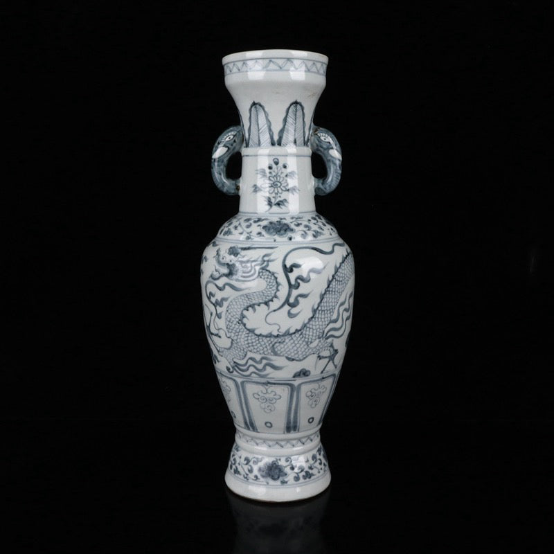 Yuan Dynasty Blue and White Cloud Dragon Pattern Elephant Ear Vase