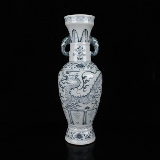 Yuan Dynasty Blue and White Cloud Dragon Pattern Elephant Ear Vase