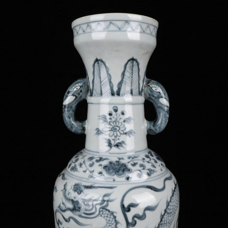 Yuan Dynasty Blue and White Cloud Dragon Pattern Elephant Ear Vase