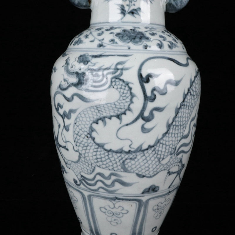 Yuan Dynasty Blue and White Cloud Dragon Pattern Elephant Ear Vase