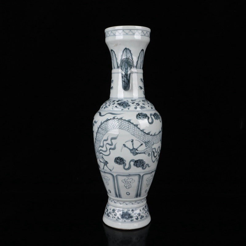 Yuan Dynasty Blue and White Cloud Dragon Pattern Elephant Ear Vase